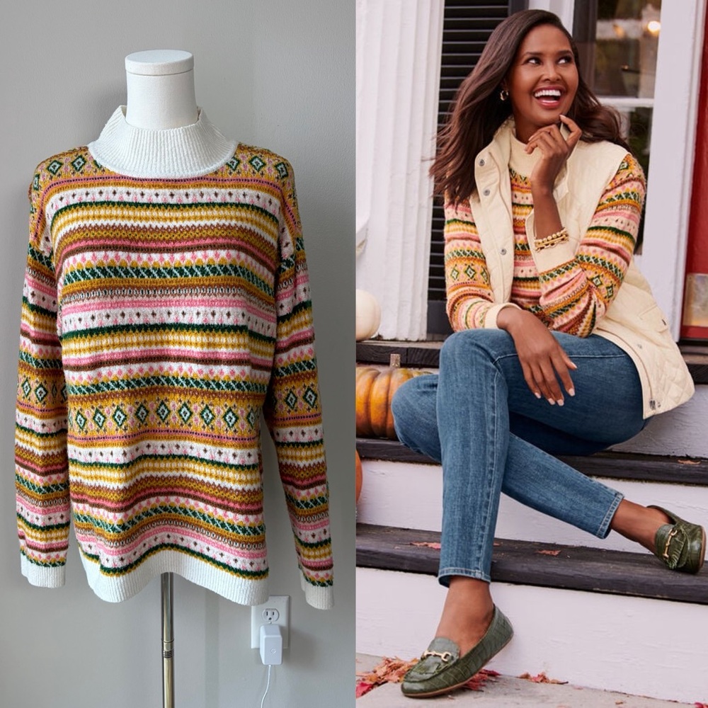 Talbots Colorful Fair Isle Striped Mockneck Pullover Sweater